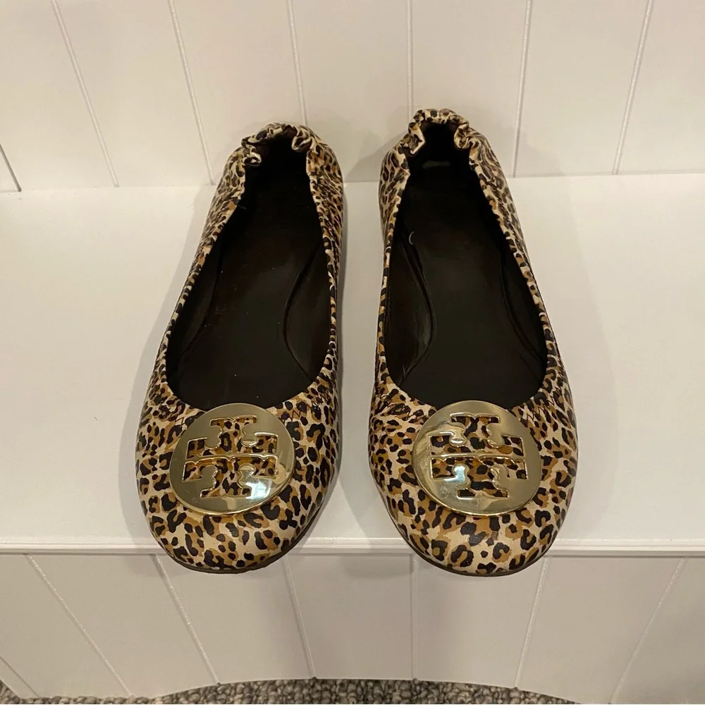 Tory Burch Leopard Print Reva Ballet Flats with Gold Logo like new